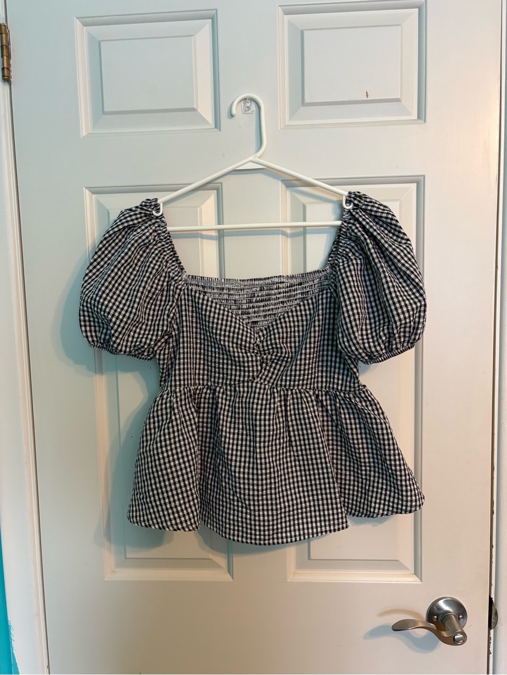 Black Gingham Puff-Sleeve Peplum Top